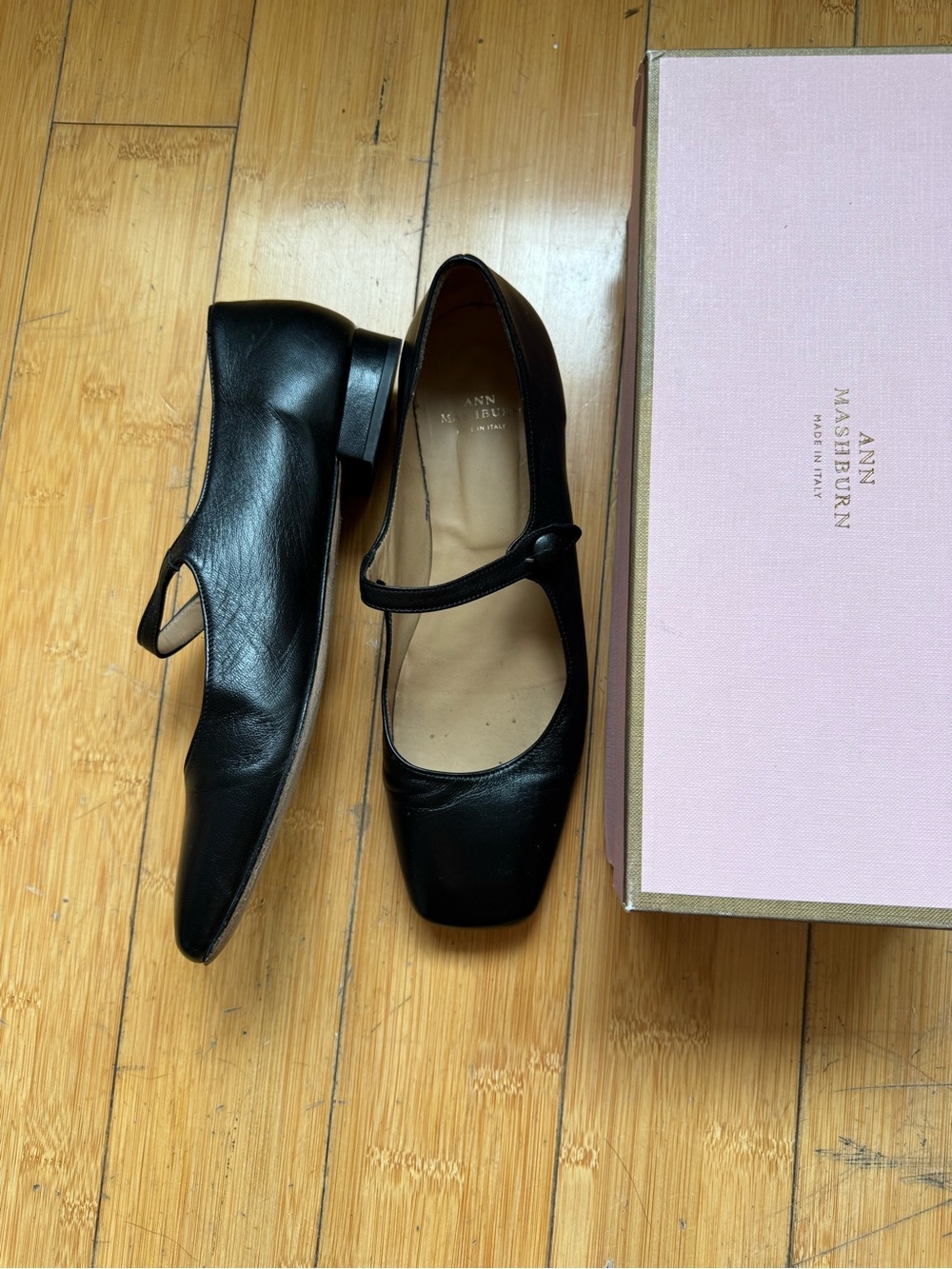 Ann Mashburn square toe flats Mary Janes black leather size 39